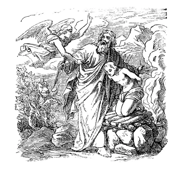 Desenho Vintage de Abraão bíblico vai sacrificar Isaac, mas é interrompido por Angel —  Vetores de Stock