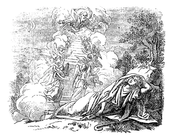 Vintage rysunek człowieka spania w pobliżu przejście do nieba. Biblijna opowieść o Jacob i Laban — Wektor stockowy