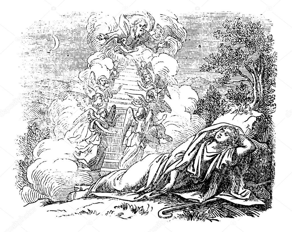 Vintage Drawing of Man Sleeping near Passage to Heaven. Biblical Story About Jacob and Laban