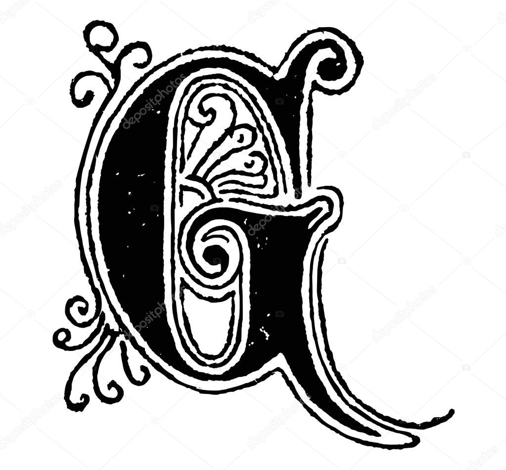 Vintage Drawing of Decorative Capital Letter G With Ornament Around and Inside