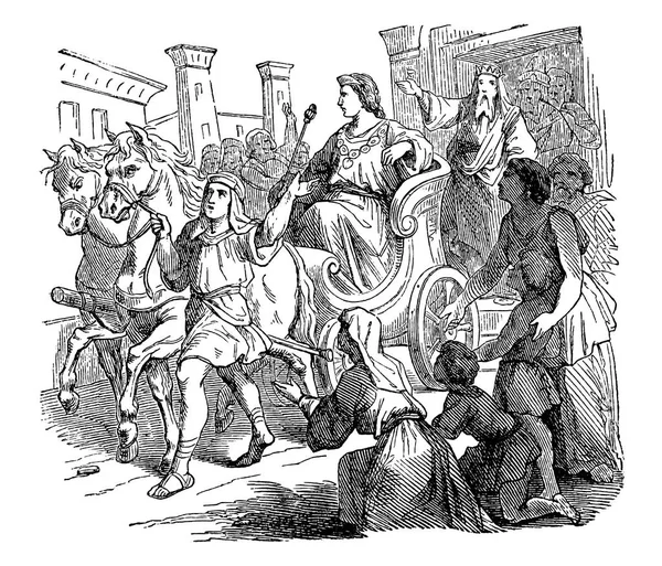 Винтажный рисунок человека, сидящего на роскошной колеснице или вагоне и мчащегося сквозь толпу. Библейская история о повышении Иосифа до визиря Египта — стоковый вектор