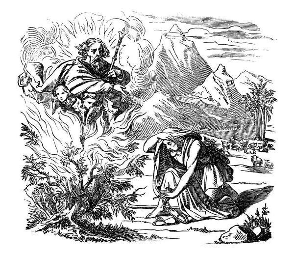 Vintage tekening van het bijbelse verhaal van Mozes en de brandende struik — Stockvector