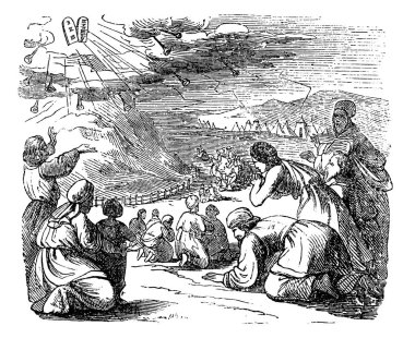 Vintage Drawing of Biblical Story of Israelites Bow Down Under Mount Sinai When Got Give Moses Stone Tablets With Ten Commandments clipart