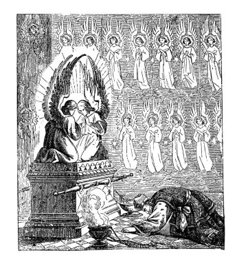 Vintage Drawing of Biblical Story of Israelites Creating the Tabernacle or Tent of the Congregation, Moses is Praying to Ark of Covenant clipart
