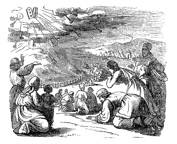 Desenho Vintage da História Bíblica de Israelitas Curvar-se Sob o Monte Sinai Quando Chegou Dar Moisés Pedra Tablets Com Dez Mandamentos —  Vetores de Stock