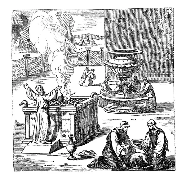 Vintage Drawing of Biblical Israelites Offering or Sacrificing to God — Stock Vector