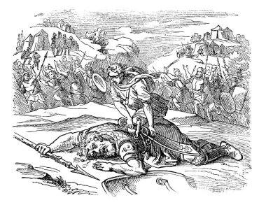 Vintage çizim İncille David ve Goliath.Small adam mağlup büyük savaşçı savaş hikayesi.