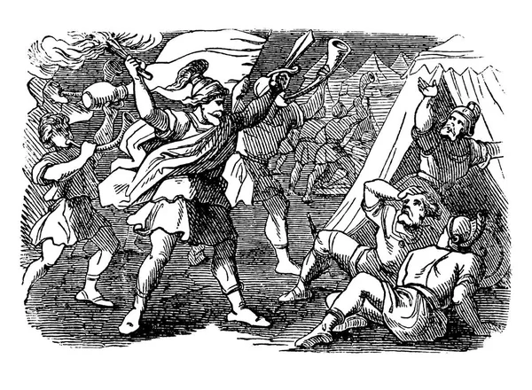 Vintage Drawing of Biblical Story of Israelites Under the Lead of Gideon Are Attacking Camp of Midianites. — Stock Vector