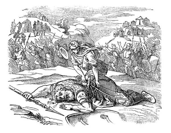 Vintage rysunek biblijną historię Dawida i Goliath.Small człowiek pokonał wielki wojownik na polu bitwy. — Wektor stockowy
