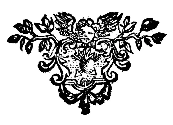 Dibujo vectorial vintage o grabado de decoración floral antigua Diseño de Angel Holding Sign con corazón — Vector de stock