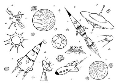 Karikatür Alien uzay, UFO, roketler, gezegenler ve uzay sahne seti