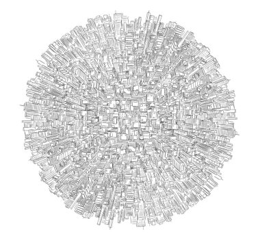 Vektör çizim genel modern yüksek yükselen binalar küre veya dünya küre kaplama