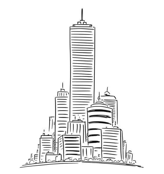 Dibujo artístico vectorial Ilustración del paisaje urbano de gran altura de la ciudad genérica con edificios de rascacielos — Archivo Imágenes Vectoriales