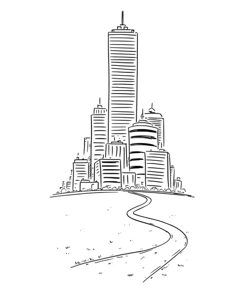 Wektor rysunek grupy generycznych budynków w dalekiej i drogi prowadzącej do miasta — Wektor stockowy