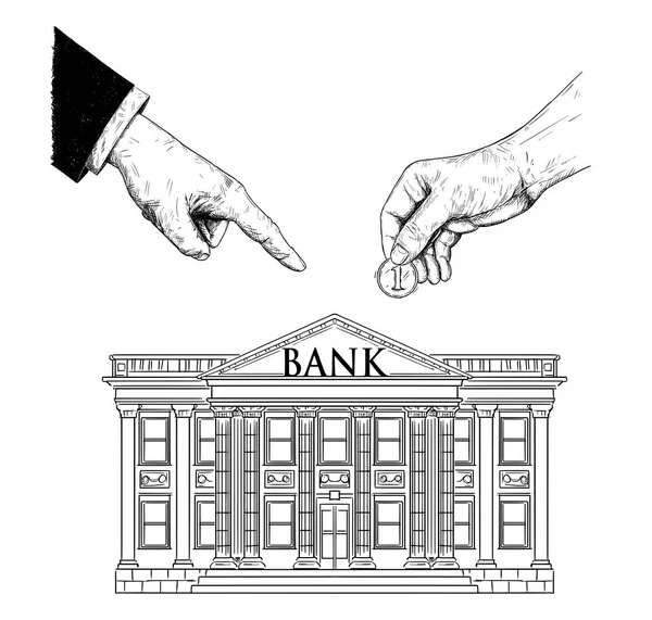 Vetor desenho da mão do empresário ou político de terno está ordenando uma pessoa comum para colocar moeda no banco — Vetor de Stock
