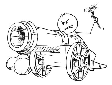 Ateş için hazır antika Cannon ile hedef adam karikatür