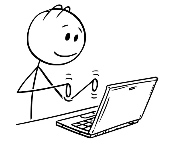 Dibujos animados del hombre trabajando y escribiendo en el ordenador portátil — Vector de stock