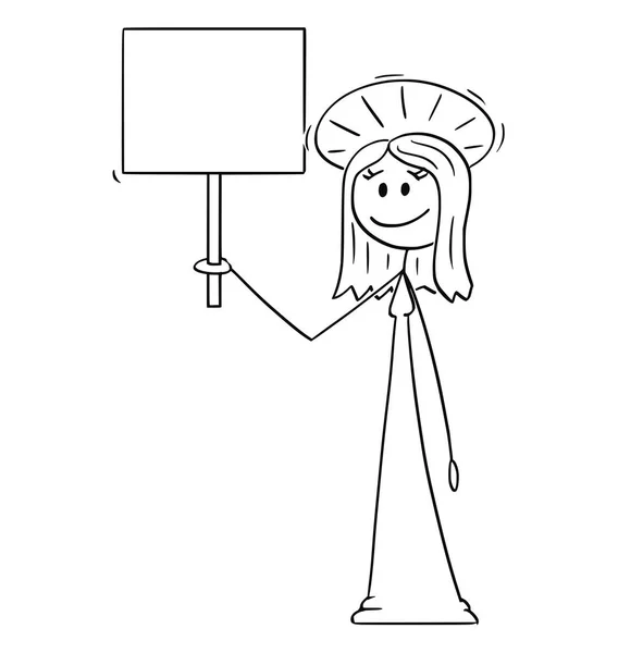 Dibujos animados de la sonriente mujer santa con halo alrededor de la cabeza sosteniendo el signo vacío — Vector de stock