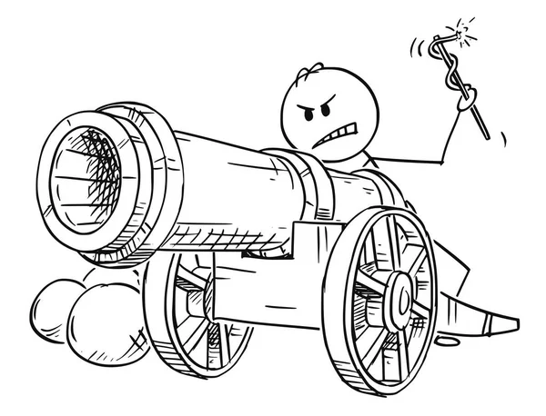 Cartoon of Man Targeting with Antique Cannon Ready to Fire - Stok Vektor