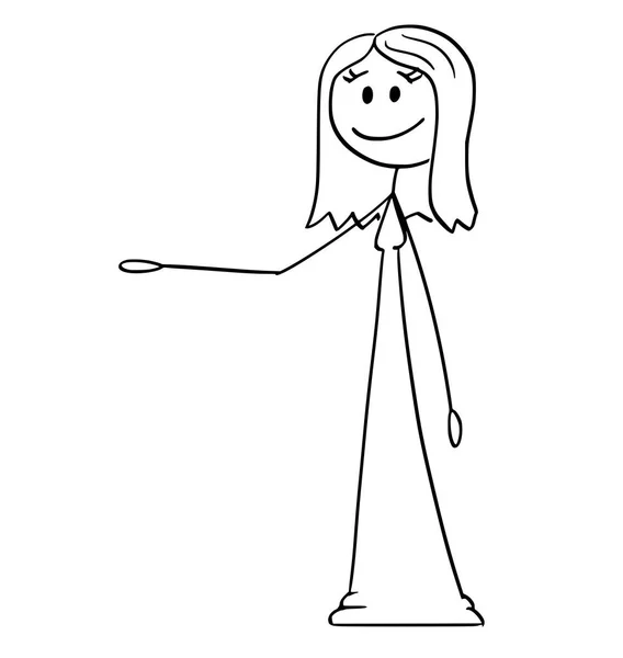 Caricature de femme en robe ou robe offrant, montrant ou pointant quelque chose — Image vectorielle