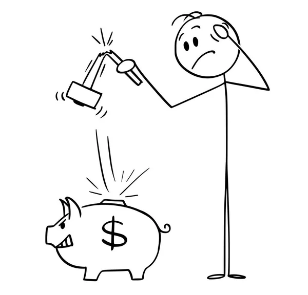 Cartoon van de mens met gebroken hamer die probeerde te breken spaarpot en krijgen zijn geld — Stockvector