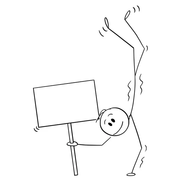 Cartoon van glimlachende man het uitvoeren van een handstand en holding lege teken — Stockvector