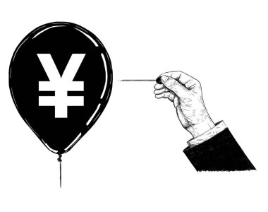 Karikatür İllüstrasyon veya İğne veya Pin Japon Yeni veya Çin Yuan Döviz Sembolü Balon Haşhaş ile El Çizimi