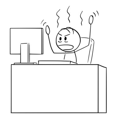 Ofis Bilgisayarında Çalışan Kızgın Adam veya İşadamı Karikatürü