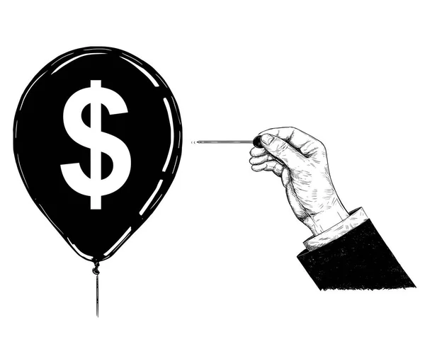 Ilustração dos desenhos animados ou desenho da mão com agulha ou Pin Popping Dollar Moeda Símbolo Balão —  Vetores de Stock