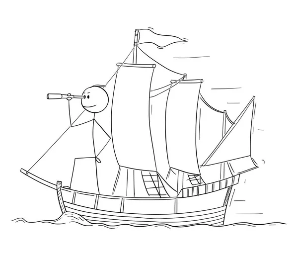 Мультфільм людини або бізнесмена стояв як капітан на вітрильній човні палуби і переглядаючи Spyglass — стоковий вектор