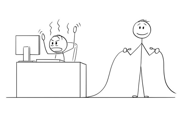 Cartoon of Angry Man or Businessman Working on Office Computer, Another Man Is Holding Unplugged Cable