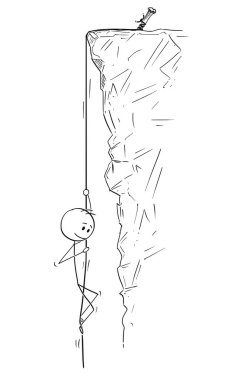 Karikatür Man veya İşadamı Abseiling veya Halat üzerinde Kaya veya Uçurum Aşağı Roping
