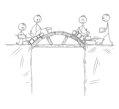 Chasm veya Uçurum Üzerinde Köprü Kuran İşçi, İnşaatçı veya İşadamları Grubu Karikatürü