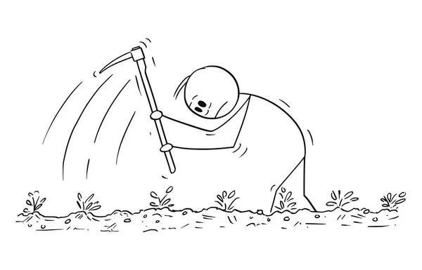 Karikatur eines Mannes oder armen Bauern, der hart mit der Hacke auf dem Feld arbeitet — Stockvektor