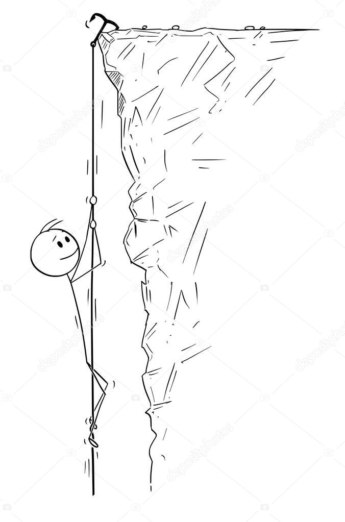 Cartoon of Man or Businessman or Mountain Climber hanging on Rope on the Mountain or Cliff