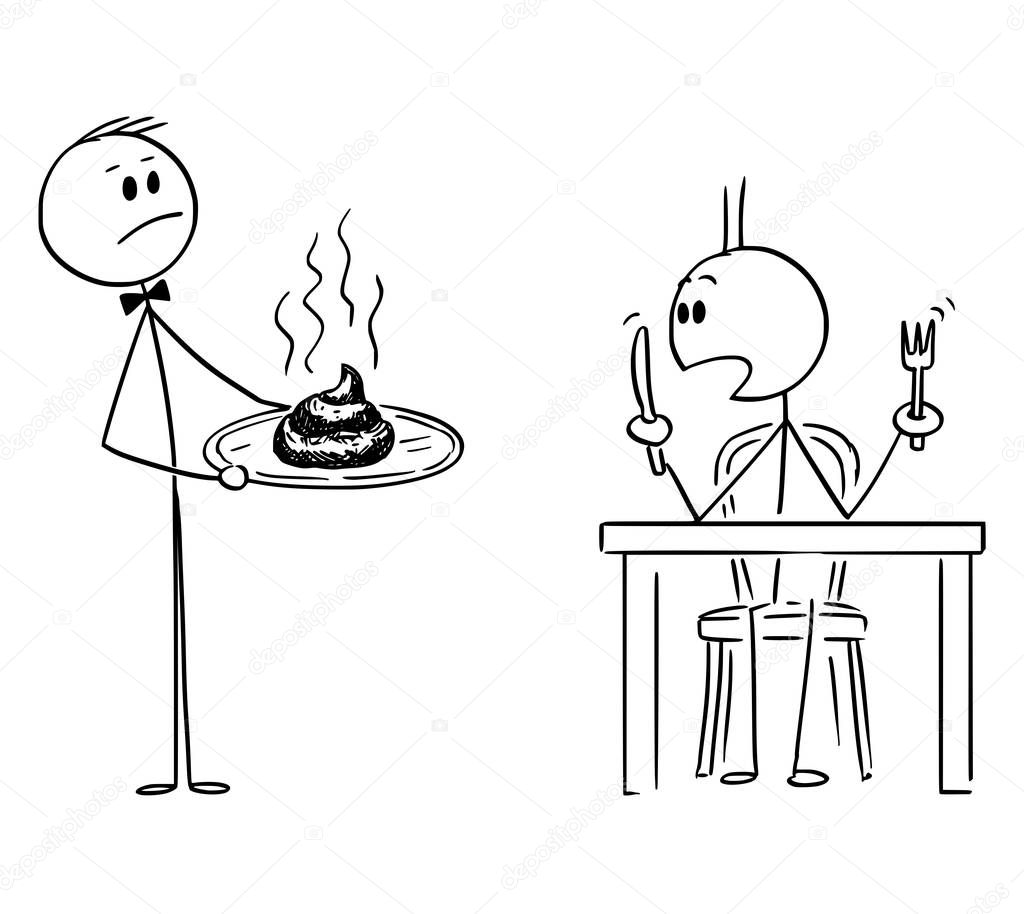 Cartoon of Waiter in Luxury or Fancy Restaurant Serving Shit or Excrement to Surprised Hungry Man