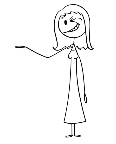 Cartoon of Smiling and Winking Woman or Businesswoman Offering or Showing Something - Stok Vektor