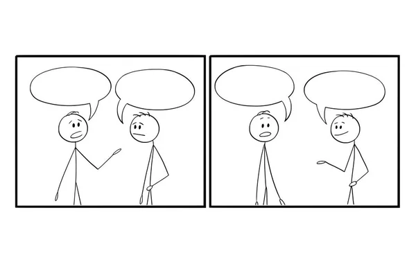 Dos marcos de dibujos animados de dos hombres hablando con texto vacío o en blanco o burbujas de habla o globos por encima — Archivo Imágenes Vectoriales
