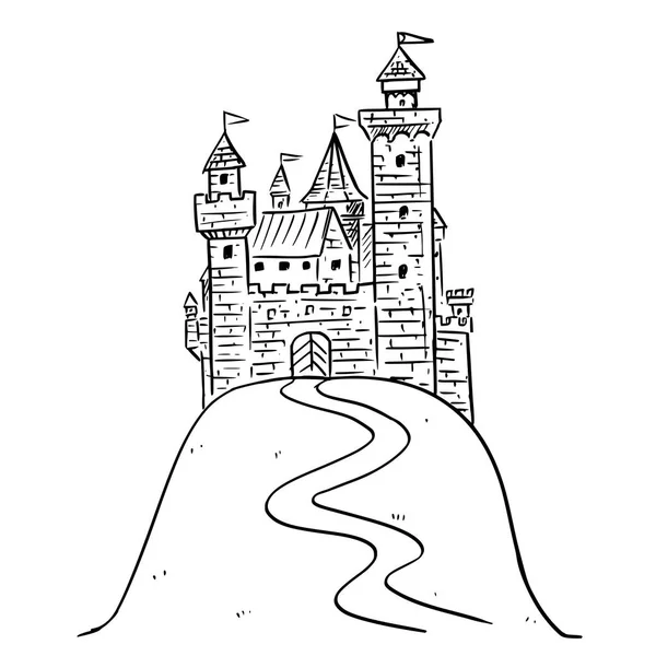 Tecknad ritning eller illustration av fantasy Castle on Hill — Stock vektor