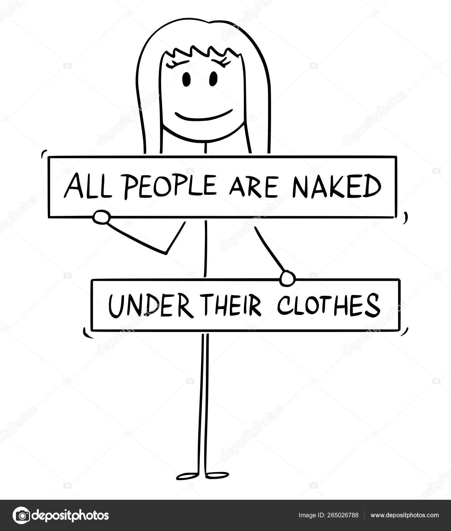 Cartoon Of Nude Woman With Breasts Groin Crotch Or Genitals Covered By All People Are Naked