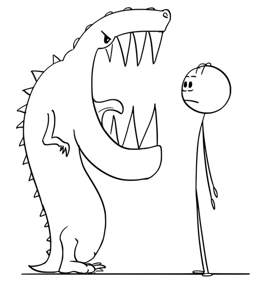 Dibujos animados del hombre sorprendido viendo la boca del peligroso monstruo gigante lagarto — Vector de stock