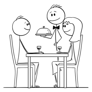 Cartoon of Loving Couple of Man and Woman Sitting Behind Table in Restaurant While Waiter Serving Food clipart