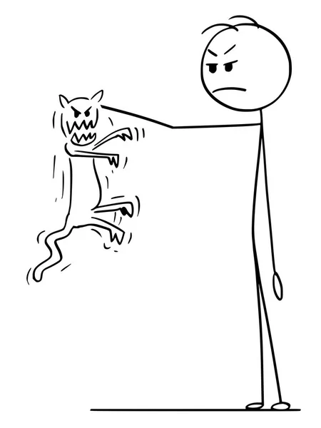 Caricatura del hombre sosteniendo en la mano enojado agresivo loco gato tratando de rascar y morder él — Vector de stock