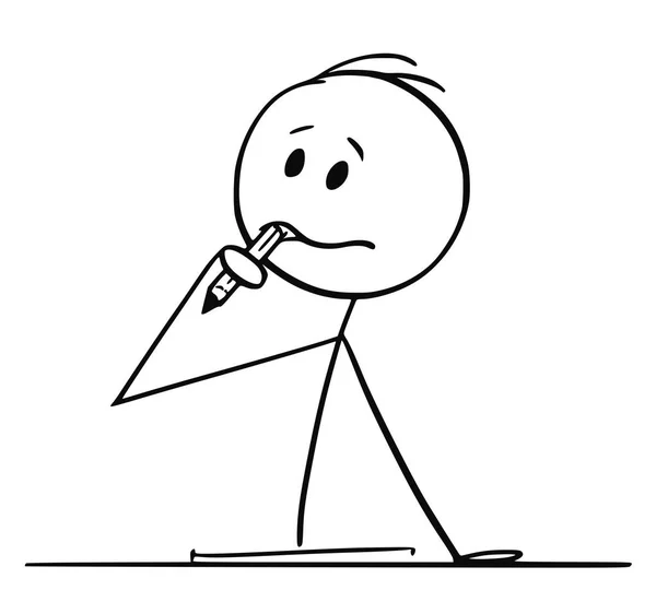 Karikatura muže sedět za stolem a přemýšlet s tužkou v ústech — Stockový vektor
