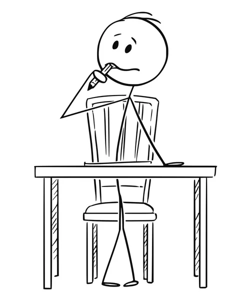Мультфильм "Человек сидит за столом и думает карандашом во рту" — стоковый вектор