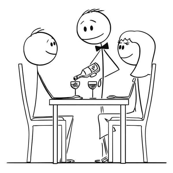 Κινούμενα σχέδια του στοργικού ζευγάρι του ανθρώπου και της γυναίκας που κάθονται πίσω από το τραπέζι στο εστιατόριο ενώ ο σερβιτόρος ρίχνει κρασί — Διανυσματικό Αρχείο