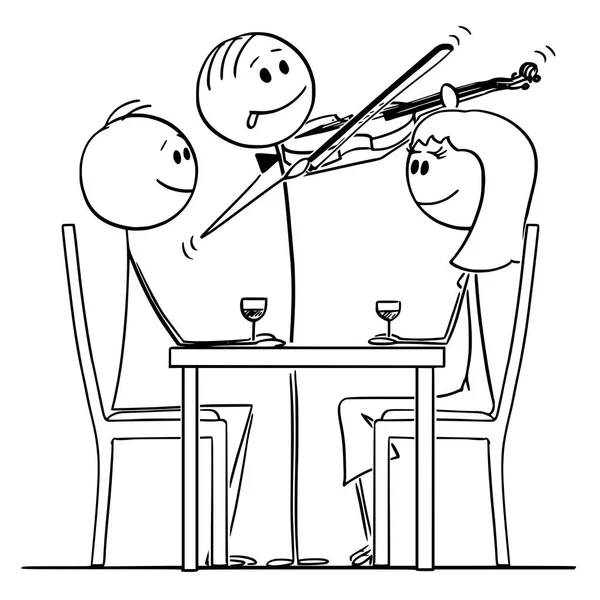 Dessin animé d'un couple amoureux d'hommes et de femmes assis derrière la table dans un restaurant pendant que le violoniste joue de la musique romantique — Image vectorielle