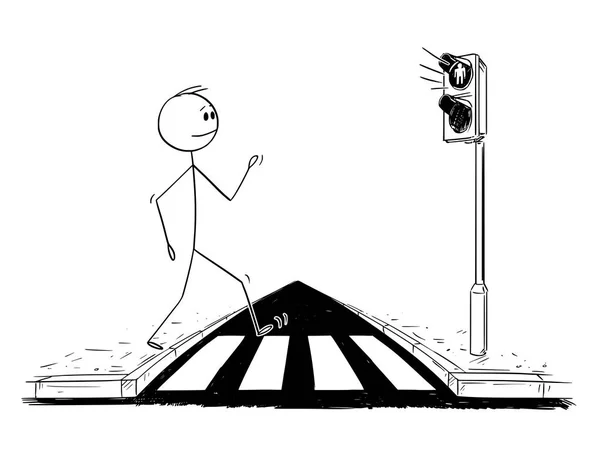 Dibujos animados del hombre caminando en el cruce peatonal o el paso de peatones mientras la luz roja enciende semáforos — Vector de stock