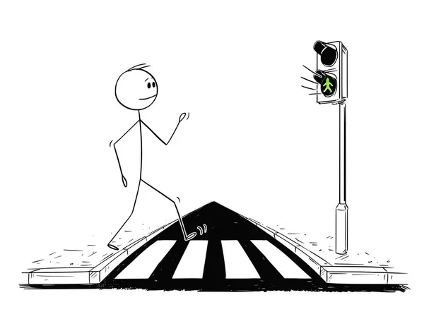 Dibujos animados del hombre caminando en el cruce peatonal o el paso de peatones mientras la luz verde está encendida en los semáforos — Vector de stock