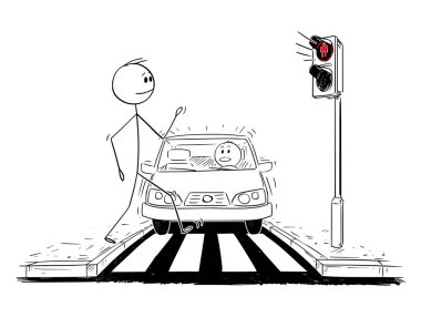 StopLights ve Araba Üzerinde Kırmızı Işık Closer ise Crosswalk Üzerinde Yürüyüş Man Karikatür